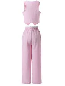SHEIN 两件套少女休闲套装，包括无袖V领露脐上衣和撞色腰部阔腿裤，时尚百搭，适合通勤、春夏秋季、假日、夏季和旅行穿着。 - 粉色 - 查看 2