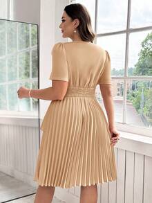 Ellevyn Plus Size Solid Color Asymmetrical Design Metal Buckle Decor Elegant Office Lady Pleated Dress - Camel - View 2