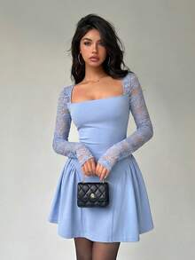 Aloruh Women's Solid Color Light Blue Lace Patchwork Umbrella Skirt - Baby Blue - View 8