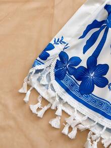 Soleia 女士热带印花吊带背心和流苏边短裤两件套，度假休闲装 - 彩色 - 查看 5