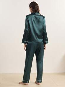 Moireta Button Front Lapel Collar Top & Pants Satin PJ Set / Pajama Set, Fall Winter Clothes Cozy And Elegant Details - Dark Green - View 2