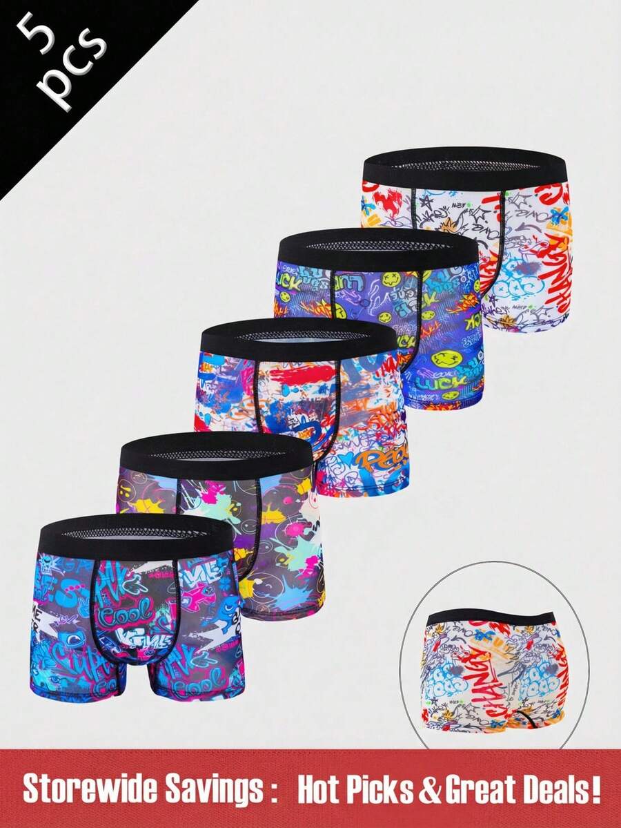 SHEIN Explorewe 5pcs/Pack Boys' Street Graffiti Fashion Print Boxer Briefs, Comfortable Fabric - Multicolor - View 1