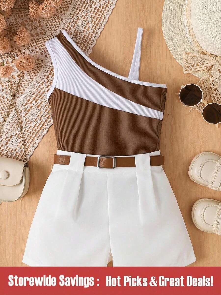 SHEIN Young Girls' 2pcs Color Block Top With Solid Color Suit Shorts And Belt Summer Holiday - Brown - View 1