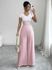 Elenzga 女士粉色印花高腰阔腿连体裤，带口袋和装饰扣，设计优雅精致，适合情人节、复活节、劳动节、生日、约会、派对、正式场合、教师装、旅行、春夏穿着。 - 粉色 - 查看 6