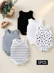 SHEIN 5pcs/Set Baby Boy's Comfortable Casual Multi-Color Knitted Bodysuits With Stretch, Summer - Multicolor - View 1