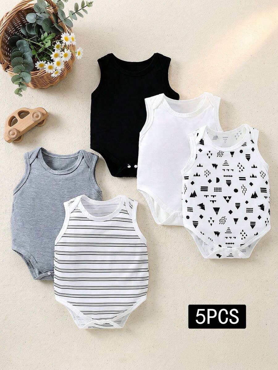 SHEIN 5pcs/Set Baby Boy's Comfortable Casual Multi-Color Knitted Bodysuits With Stretch, Summer - Multicolor - View 1