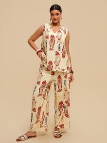 Levarali Conjunto de 2 Peças Casual de Verão para Férias e Feriados Plus Size Feminino Bege, Camisa com Decote em V de Cor Sólida e Calça Pantalona com Estampa Floral, Conjunto Resort - Multicolorido - Visão 8