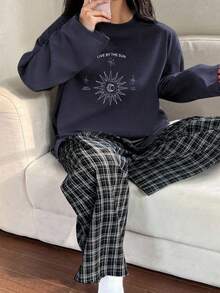 Dazy Plus 两件套印花宽松圆领长袖上衣和格子裤睡衣套装 - 藏蓝色 - 查看 1