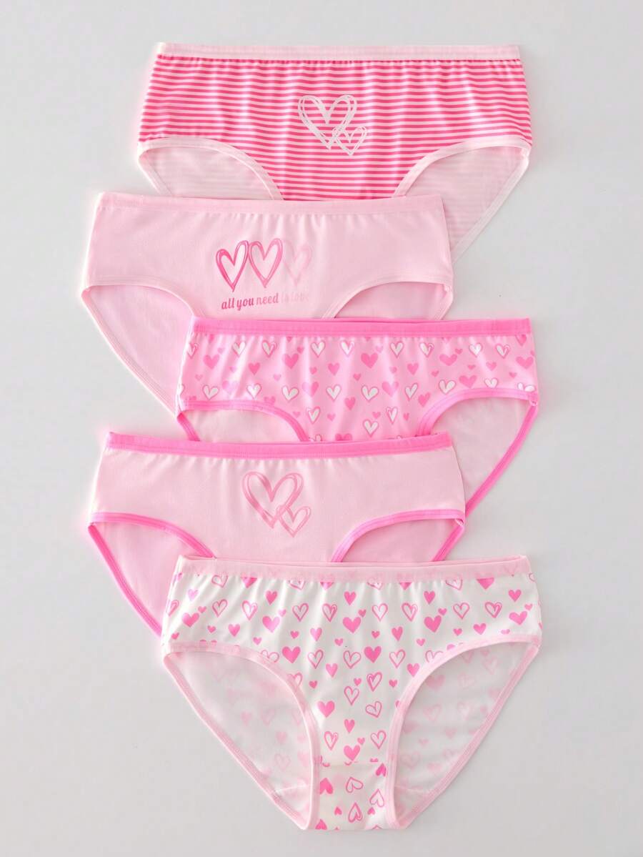 SHEIN 5件套少女简约蝴蝶结、爱心、字母印花柔软舒适纯棉内裤套装 - 彩色 - 查看 1