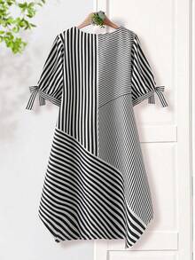 Rusticease Damen Große Größen gestreiftes Rundhals Kurzarm Lässig Loose Kleid - Schwarz und Weiss - Übersicht 3