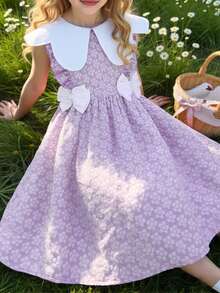 1pc Girls Lavender Fairy Summer Wedding Guest Dress,Textured Fabric Floral Asymmetrical Neckline Waist Big Bow Frill Trim A-Line Countryside Style - Purple - View 5