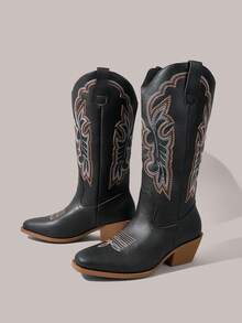 Styleloop Women's Mid Boots, Black, Bohemian, Vintage American, Bohemian, Western Boots, Coachella Festival, Vacation Wear, Travel Essentials - Black leather - View 3