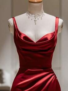 Franclia 酒红色缎面吊带连衣裙，收腰设计，开衩，优雅风格派对礼服，约会装，生日礼物 - 酒紅色 - 查看 3