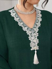 Al Najma Embroidered Loose Elegant Long Sleeve Turkish & Arabic Traditional Maxi Dress For Women - Dark Green - View 7