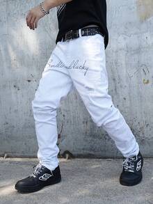 Manfinity EMRG Quần jean denim trắng rách, ôm sát, co giãn, thêu họa tiết hip-hop Mỹ. - trắng - Xem 3