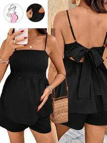Bộ 2 món áo hai dây buộc sau lưng và quần short cạp chun điều chỉnh được dành cho bà bầu, màu trơn. - màu đen - Xem 4