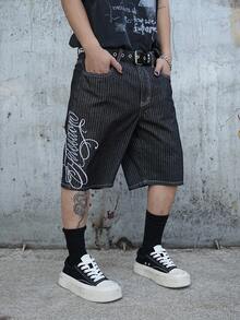 Manfinity EMRG Summer New Text Embroidery Black & White Striped Loose Wide Leg Shorts - Black - View 5