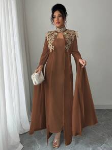 Rafferiza Women's Dignified, Elegant And Graceful Applique Decorated Robe And Dress Set - Coffee Brown - View 6
