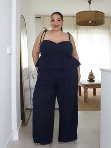 Pretty and Ole Navy Blue Casual Plus Size Women 2 Pieces Set: Camisole Top And Pants Casual Two Piece Set Cotton Two Piece Set Comfortable Two Piece Set - Navy Blue - View 1