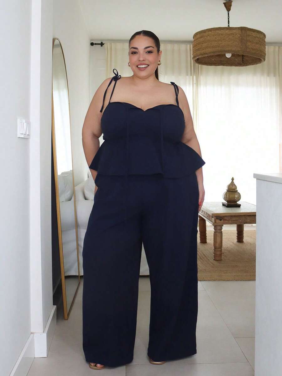 Pretty and Ole Navy Blue Casual Plus Size Women 2 Pieces Set: Camisole Top And Pants Casual Two Piece Set Cotton Two Piece Set Comfortable Two Piece Set - Navy Blue - View 1