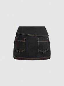 SHEIN MOD Bộ áo vest một hàng cúc và chân váy denim thiết kế khóa kéo dành cho nữ. - Màu xanh lam - Xem 3