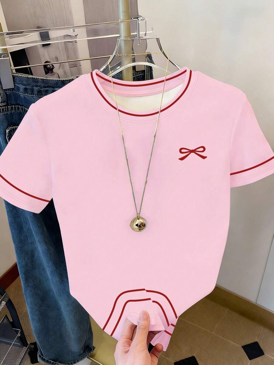 Resyla Women's Regular Fit T-Shirt, Minimalist Bow Print Design, Casual Versatile Summer Outdoor Top, Elegant Graphic, Suitable For Daily Wear, Outdoor, Shopping, Travel - Multicolor - View 1