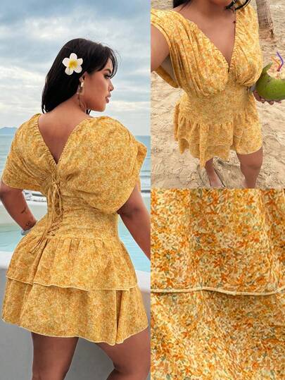 Rustia Summer Vacation Ditsy Floral Ruched Shoulder Criss-Cross Back V-Neck Sleeveless Short A-Line Dress For Women