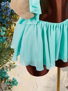 Amplova 女士雪纺两件套：露背吊带上衣，不对称下摆，双层飘逸荷叶边，搭配迷你裙，性感前卫，适合度假穿着。 - 水鴨藍 - 查看 9