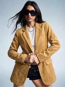 GENKIRA Áo blazer nữ dáng rộng, thoải mái, đa năng, chất liệu da lộn, màu thu đông, có đệm vai rộng, kiểu dáng thường ngày. - Màu Khaki - Xem 2