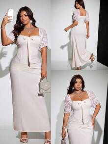 Viva Relle Vestido ajustado de mujer talla grande de verano con unicolor, sexy, fruncido, elegante y de manga abullonada, para uso casual, de oficina, diario y versátil - Albaricoque - Ver 1