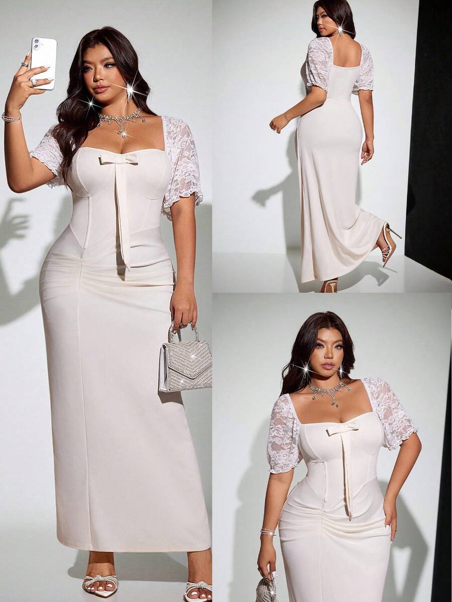 Viva Relle Vestido ajustado de mujer talla grande de verano con unicolor, sexy, fruncido, elegante y de manga abullonada, para uso casual, de oficina, diario y versátil - Albaricoque - Ver 1