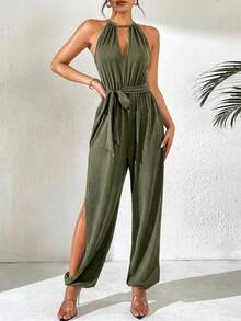 Breezaya Spring & Summer Deep V-Neck Elastic Waist Tie Strap Side Slit 3/4 Length Jumpsuit - Army Green - View 5