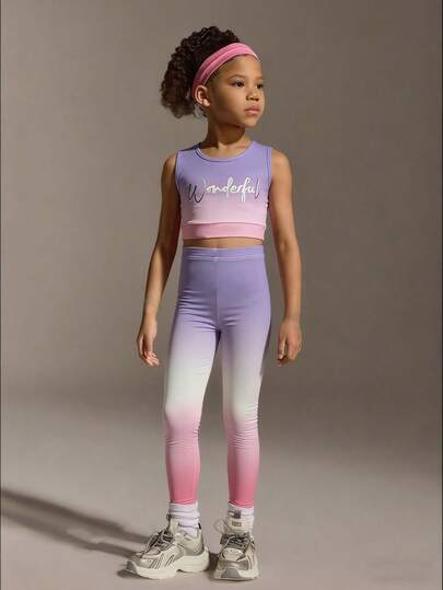 Young Girl' Casual Sports Pink Letter Print Fitted Sleeveless Outfit, Summer Sportswear, Slim Fit, Fashionable Design Suitable For Sports, Fitness, Outdoor Activities, Campus, Daily Wear