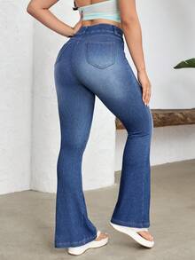 Flexra 女士高腰休闲百搭喇叭牛仔裤 - 藍色 - 查看 2