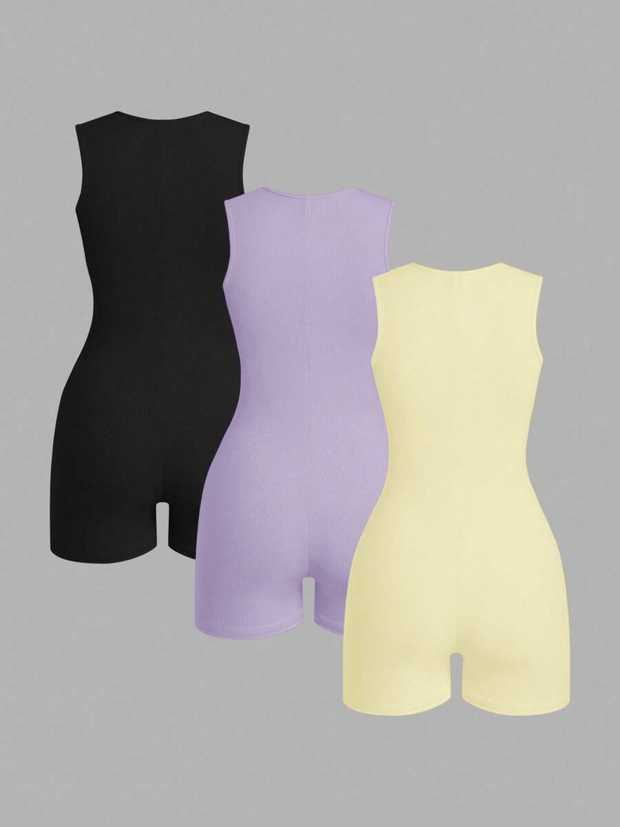 SHEIN EZwear 3件組女款無袖收腹羅紋連身衣,黑色、丁香紫、奶油黃,夏季運動休閒健身瑜伽短款連身衣 - 淡紫色 - 查看 1