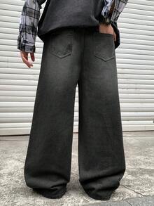 SHEIN Little Byeori 青少年男孩時尚休閒 Y2k 復古酷街頭無彈力棕色丹寧寬鬆舒適寬腿牛仔褲 Ailywear 童裝秋冬電音節慶街頭風 - 黑色 - 查看 2