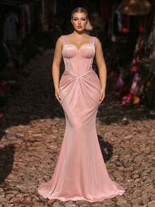 Glamrae Mono elegante y romántico de punto elástico rosa loto de talla grande con diseño de busto fruncido, bajo de sirena con tren desmontable, adecuado para fiesta de noche, cita, baile de graduación, boda, Día de San Valentín - Rosa vieja - Ver 4