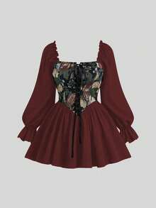Sweetra Plus Size Dark Style Square Collar Jacquard Waist A-Line Shirt - Burgundy - View 1