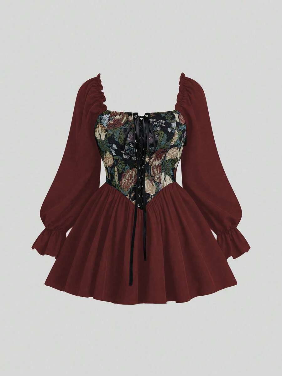 Sweetra Plus Size Dark Style Square Collar Jacquard Waist A-Line Shirt - Burgundy - View 1