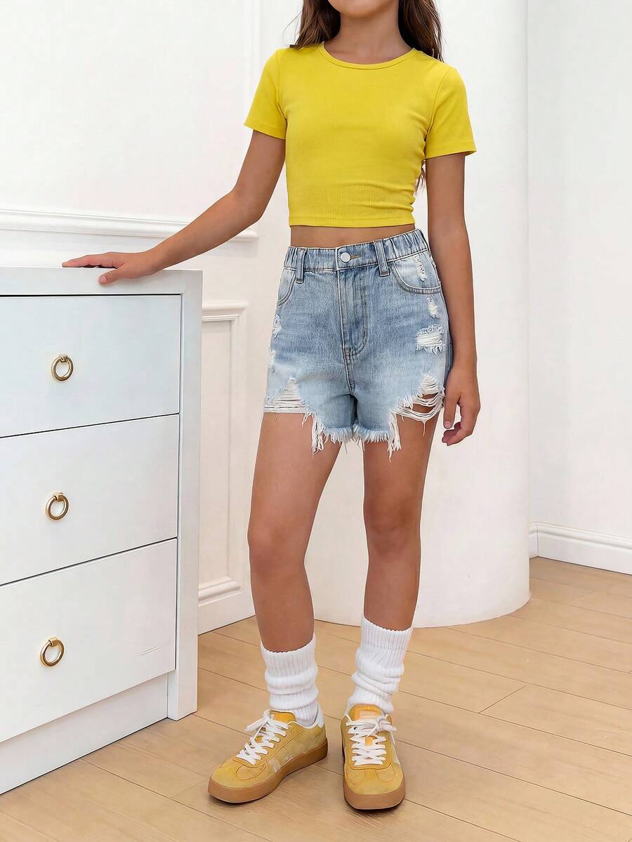 Tween Girls Y2K Style Jeans, Vintage Light Wash Distressed, Ripped, Frayed, Relaxed Fit, Soft & Comfortable Fabric, & Versatile, Girls Denim - Light Wash - View 1