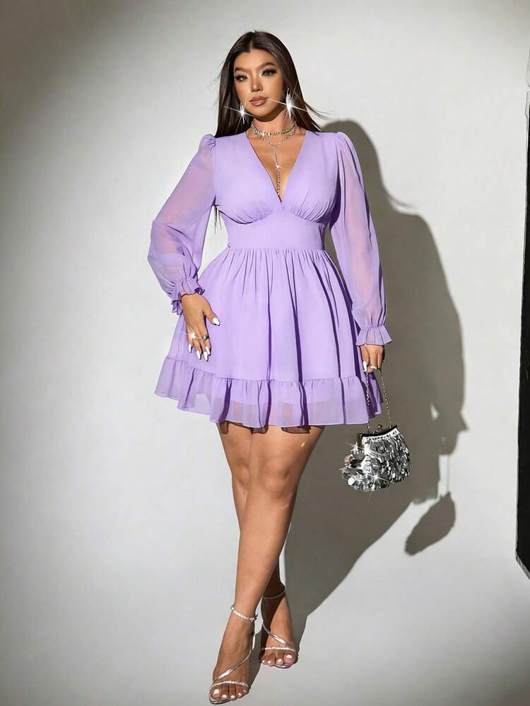 Viva Relle Plus Size Women's Solid Color Deep V-Neck Ruched Fashion Date Party Dress - Mauve Purple - View 4