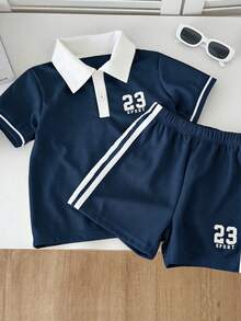 SHEIN Streecool Kids 2件套男童数字印花休闲Polo衫+数字印花织带装饰休闲短裤套装 - 寶藍色 - 查看 6