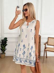 Easowa 女士度假植物图案无袖休闲迷你连衣裙 - 彩色 - 查看 3