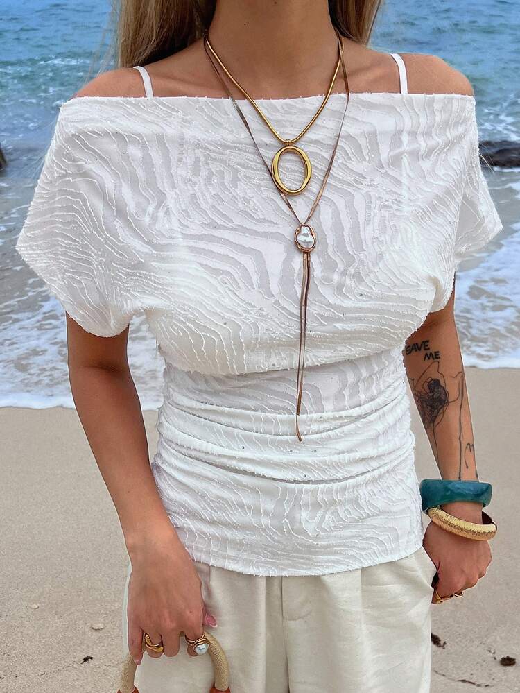 Women's Elegant Sequin Off Shoulder Textured T-Shirt, Summer