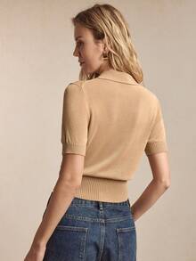 BizChic Spring/Summer New Khaki Brown Polo Collar Contrast Color Half-Zip Button Decor Front Letter Embroidery Pattern Design Anti-Pilling Cooling Silk Yarn Knitted Blouse, Versatile For Layering - Khaki - View 4