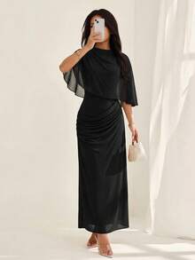 SHEIN PETITE Đầm dài thanh lịch, tối giản, thời trang công sở, thiết kế eo chun, nhiều lớp xếp ly, tôn dáng, phù hợp cho công sở, hẹn hò, du lịch, đầm dành cho nữ thanh lịch - màu đen - Xem 4