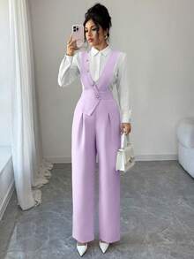 Elenzga 女士粉色竹纤维材质，正面珍珠纽扣设计，优雅教师制服，专业休闲时尚连体裤，适合感恩节、万圣节等场合穿着，百搭宽松飘逸阔腿连体裤 - 紫色 - 查看 4