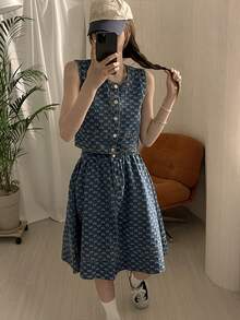 DAZY Women's Textured Washed Denim Sleeveless Loose Fit Skirt Suit, Korean Style - Blue - View 6