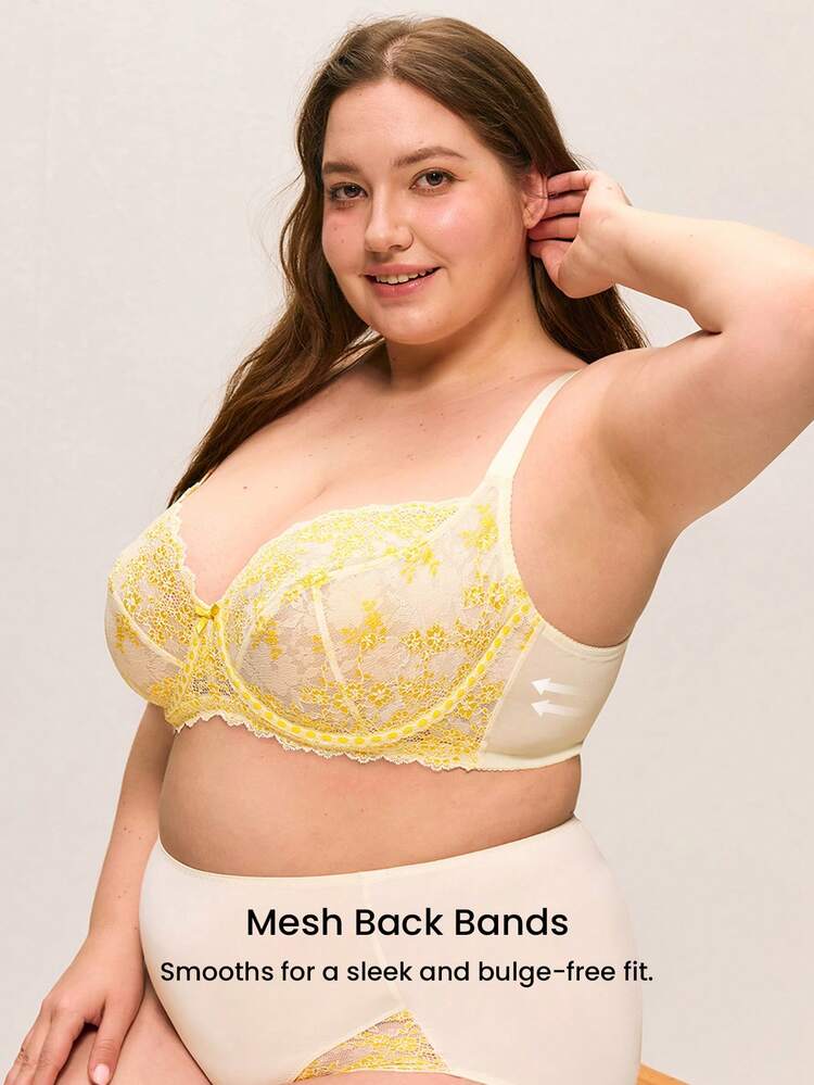 Plus Full Coverage Unlined Mesh & Lace Bra