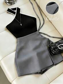 Franclia 女士黑色撞色交叉V领上衣搭配灰色双层优雅长裤，两件套，适合春夏日常通勤 - 黑與白 - 查看 6